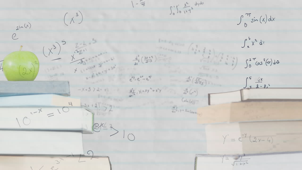 Stack of books and apple against mathematical equations on black board