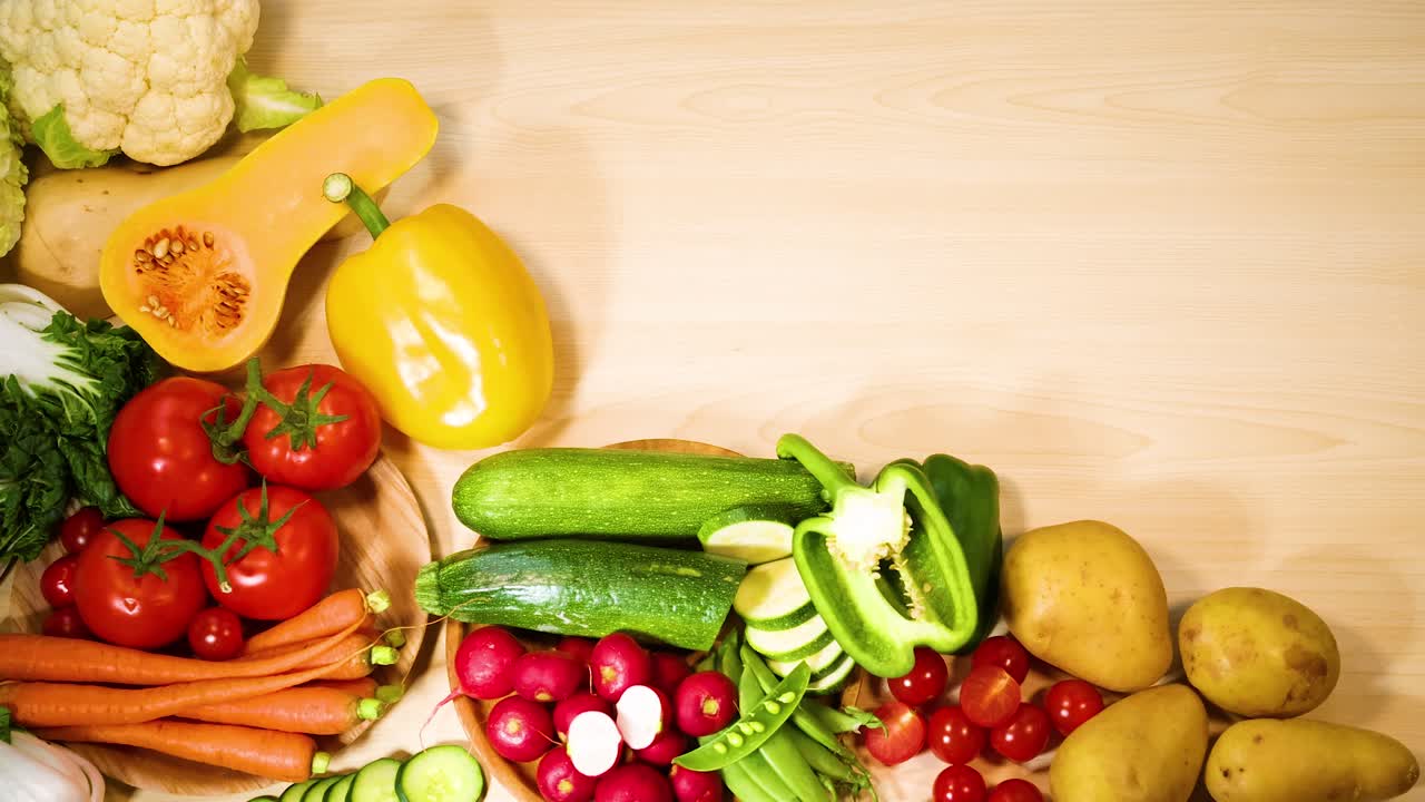 verduras variadas arregladas cuidadosamente en una superficie de madera
