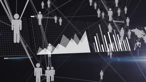 animation of network of connections with icons over diagrams and data processing