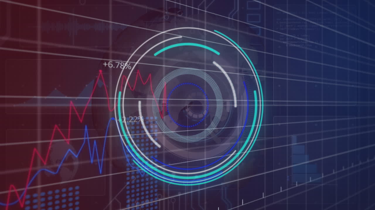 Animation of round scanner and statistical data processing over spinning globe on purple background