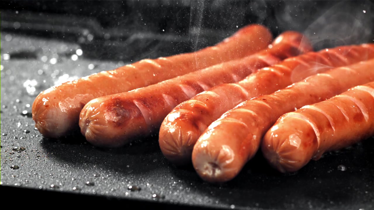 熱い鉄板でジュージューと焼けるソーセージ