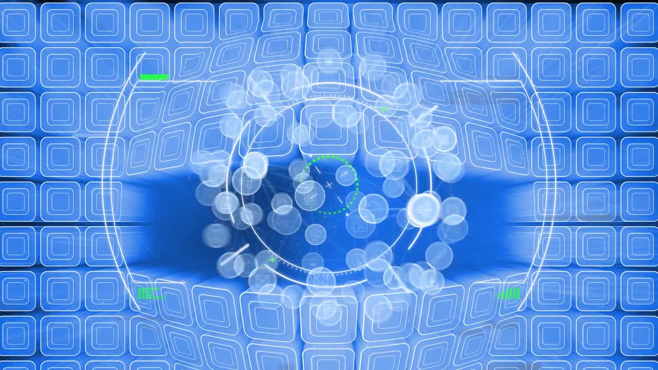 블루 스크린 위에 아이콘을 가진 연결 네트워크와 함께 범위 스캐닝의 애니메이션