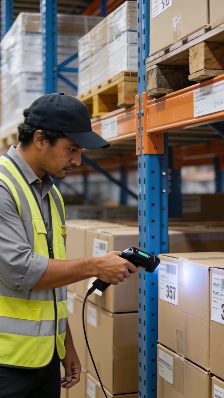 Vertical video: Pointing scanner, worker in vest scanning box labels along aisle checking inventory