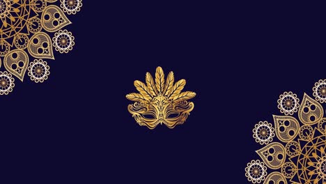 Animation-Einer-Goldenen-Gesichtsmaske-Mit-Sich-Drehenden-Orientalischen-Zierkreisen-Auf-Dunkelblauem-Hintergrund