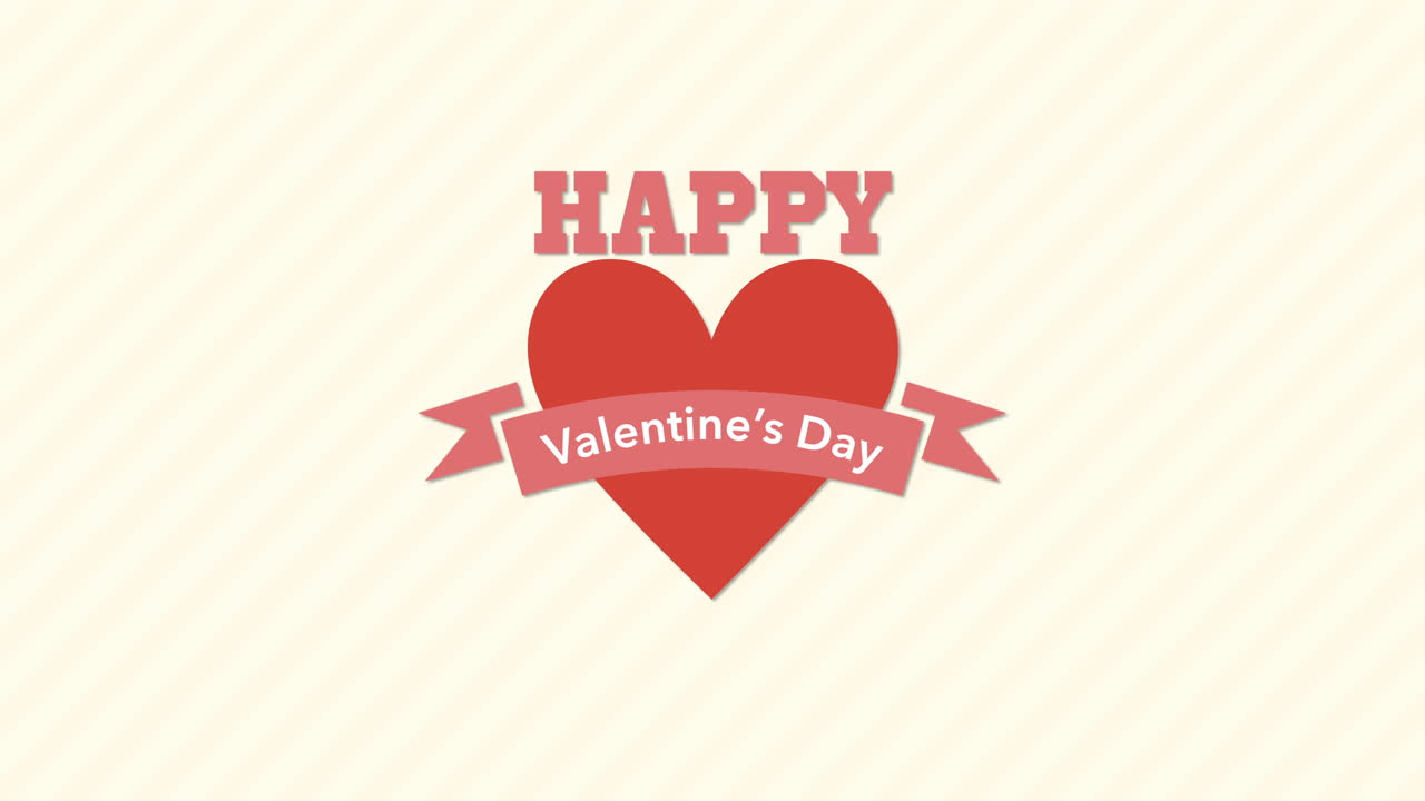 feliz día de san valentín con corazón rojo y cinta en patrón de rayas