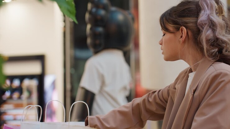 Una donna valuta criticamente il contenuto di una borsa, una persona esamina le etichette e soppesa le opzioni di moda, una persona esamina attentamente il contenuto e confronta le opzioni sullo sfondo di un ambiente di vendita al dettaglio