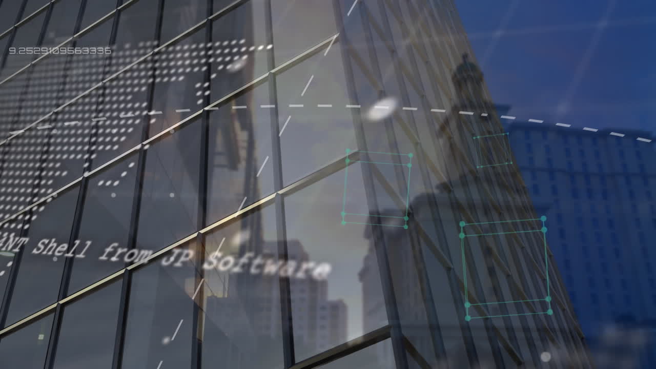 데이터 처리, 세계 지도 및 고층 건물에 대해 떠다니는 큐브 모양의 애니메이션