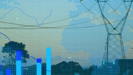 animación del procesamiento de datos financieros y el mapa del mundo sobre pilones