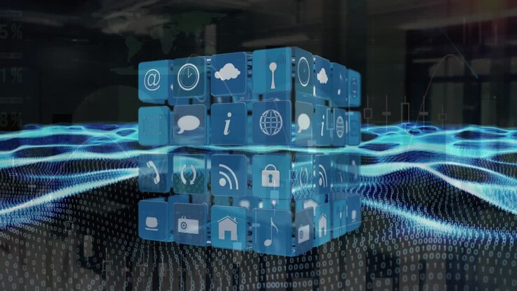 Animation of icon in squares forming cubes over binary codes waves, graphs against server room