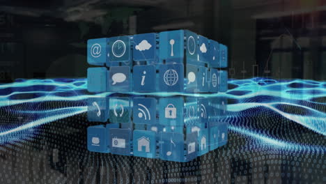 Animation of icon in squares forming cubes over binary codes waves, graphs against server room