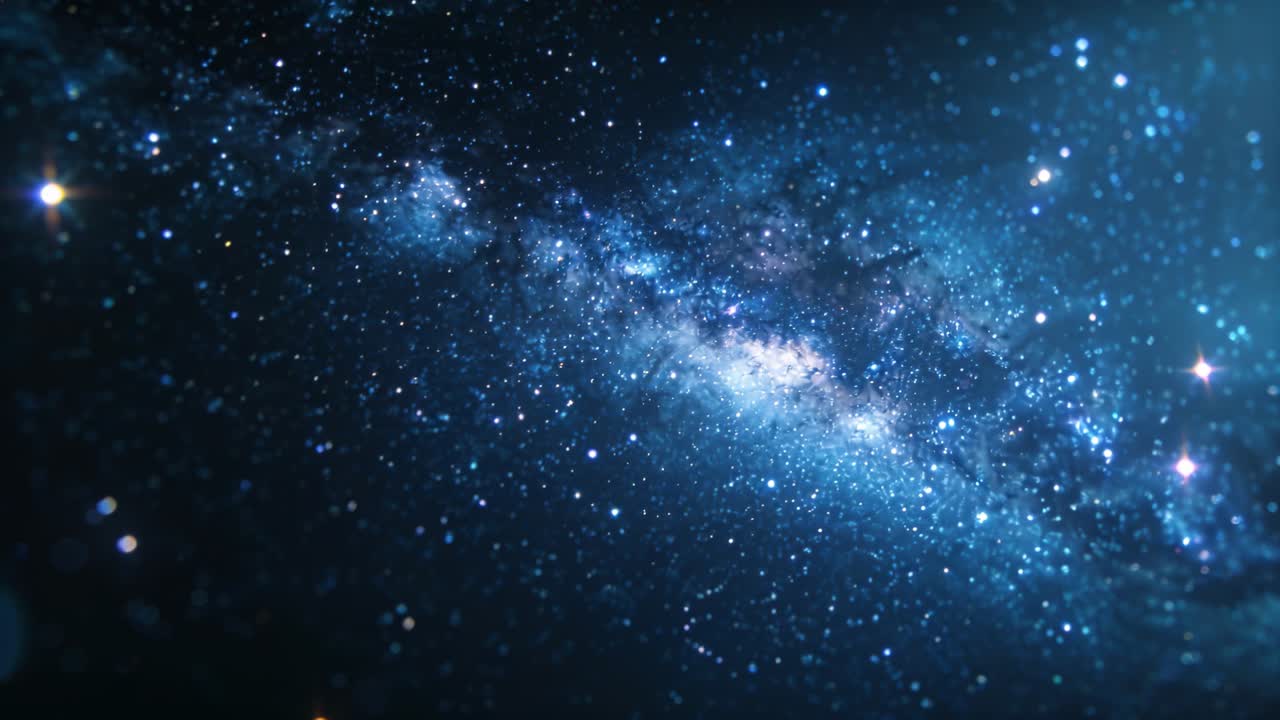 Cámara a la deriva haciendo zoom a la banda y el núcleo de una galaxia que aparecen más claros en el espacio, con polvo nebular y efecto bokeh.
