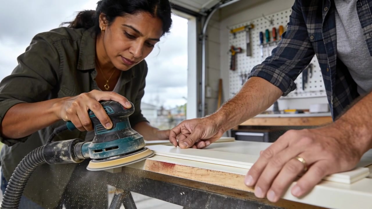 Woman in olive shirt and man steadying panel sanding door for refinishing at garage, sander running