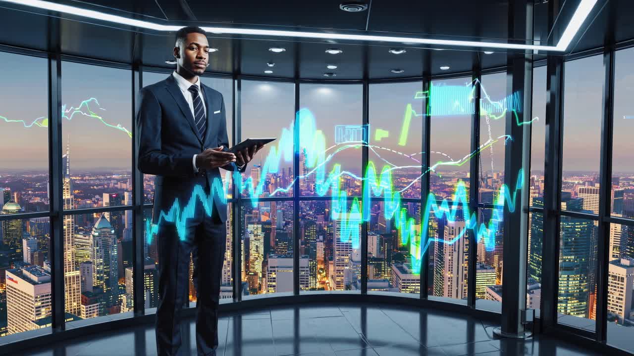 Businessman analyzing financial data in modern office with city view