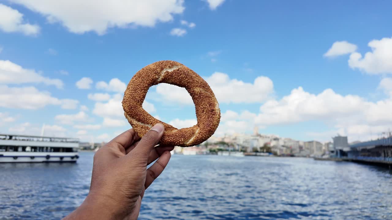 Simit with Istanbul cityscape in background