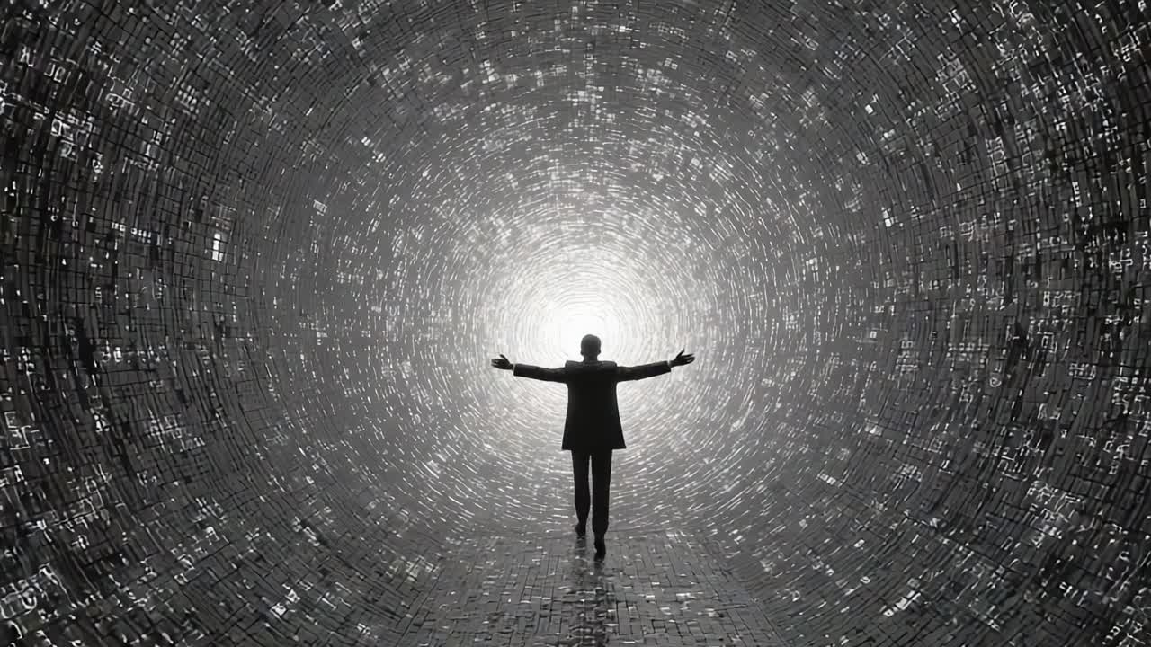 A Journey Through the Digital Abyss: A Figure Navigates the Infinite Spiral of Data, Embracing Technology and Information in a Futuristic Realm of Connectivity