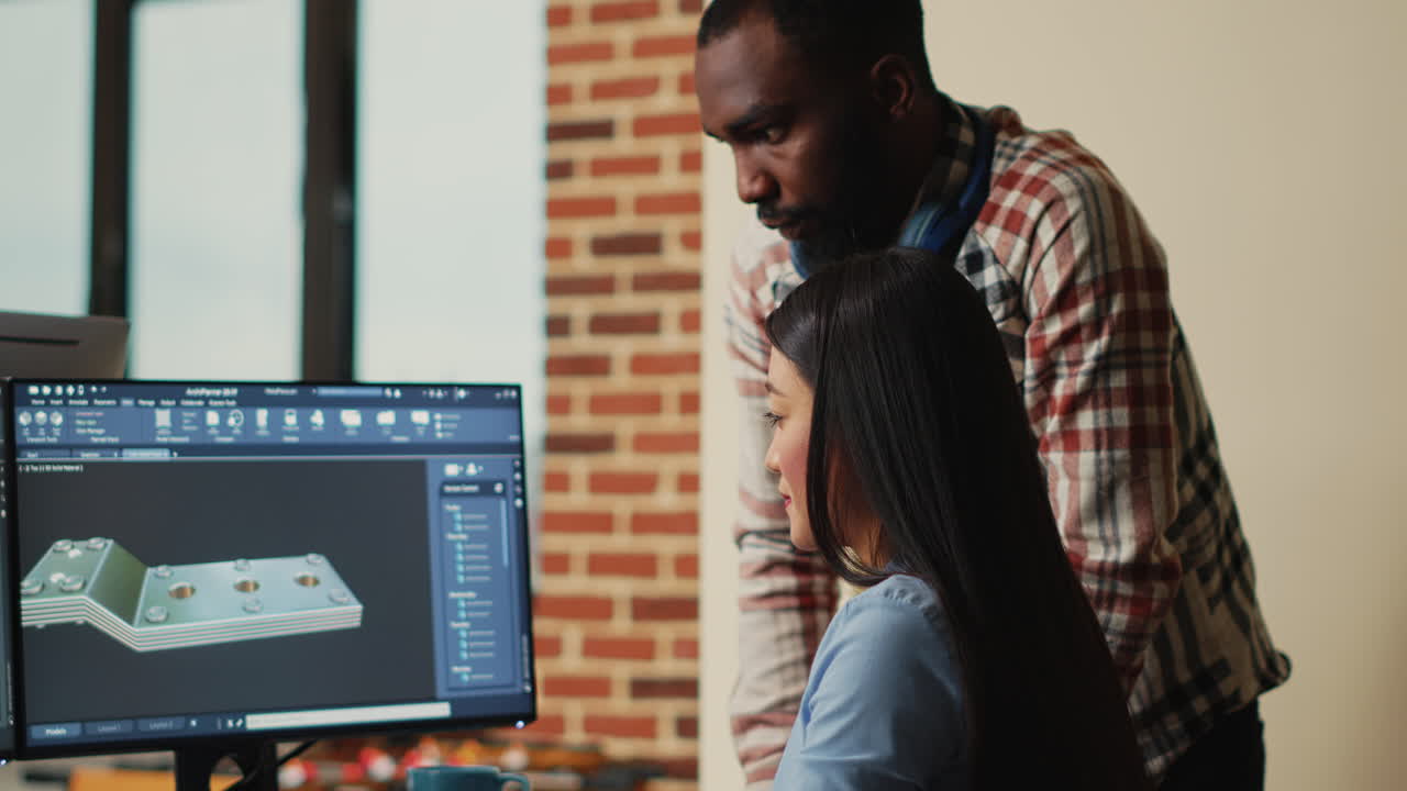 Creative 3D artists discussing about machinery development