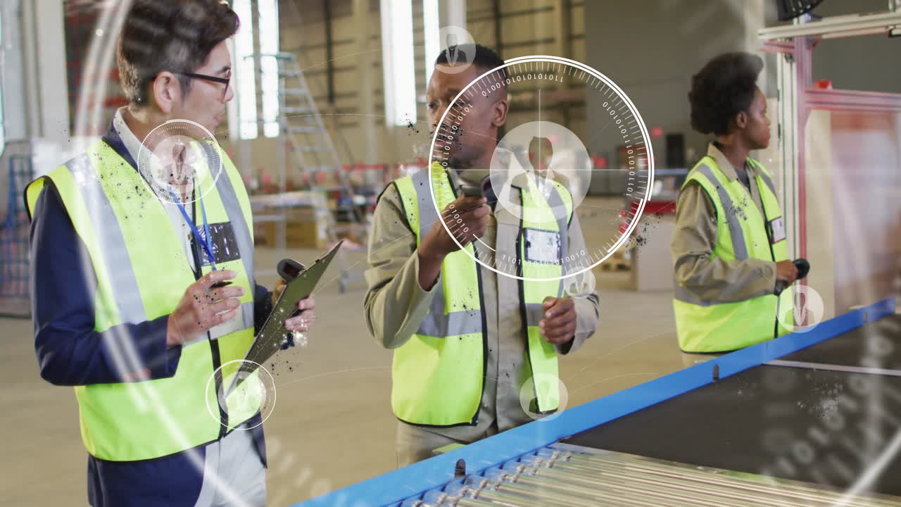 Warehouse workers using handheld devices with digital network overlay animation