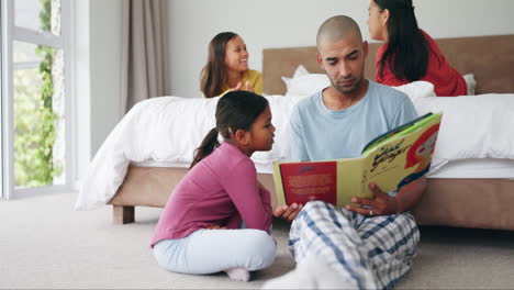 dad, girl and reading books in bedroom