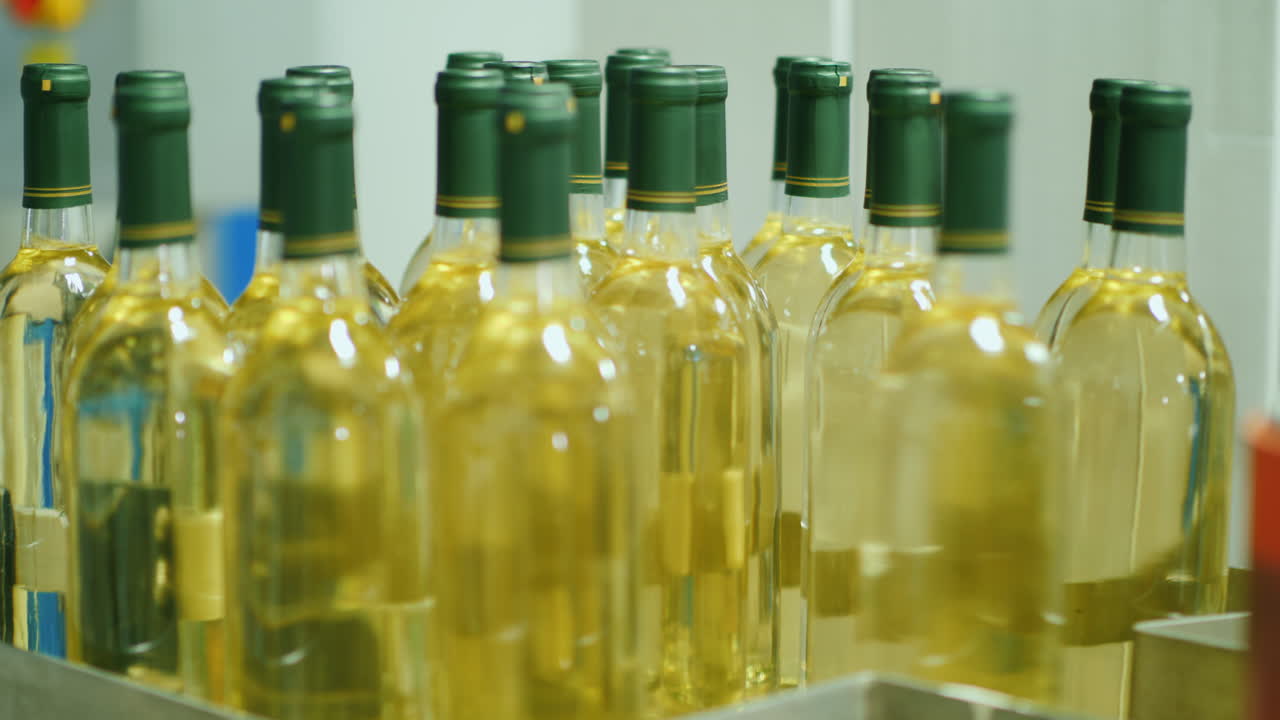 작업자가 컨베이어에서 와인 병을 제거합니다.