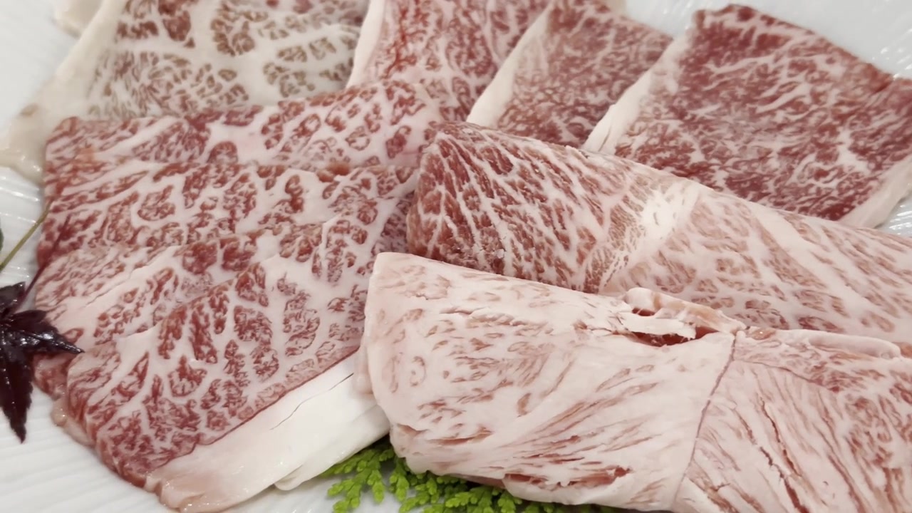 Primer plano de rebanadas de carne de res Wagyu A5 premium dispuestas en un plato de servir, destacando un marmoleado excepcional y una presentación elegante para una cena gourmet.