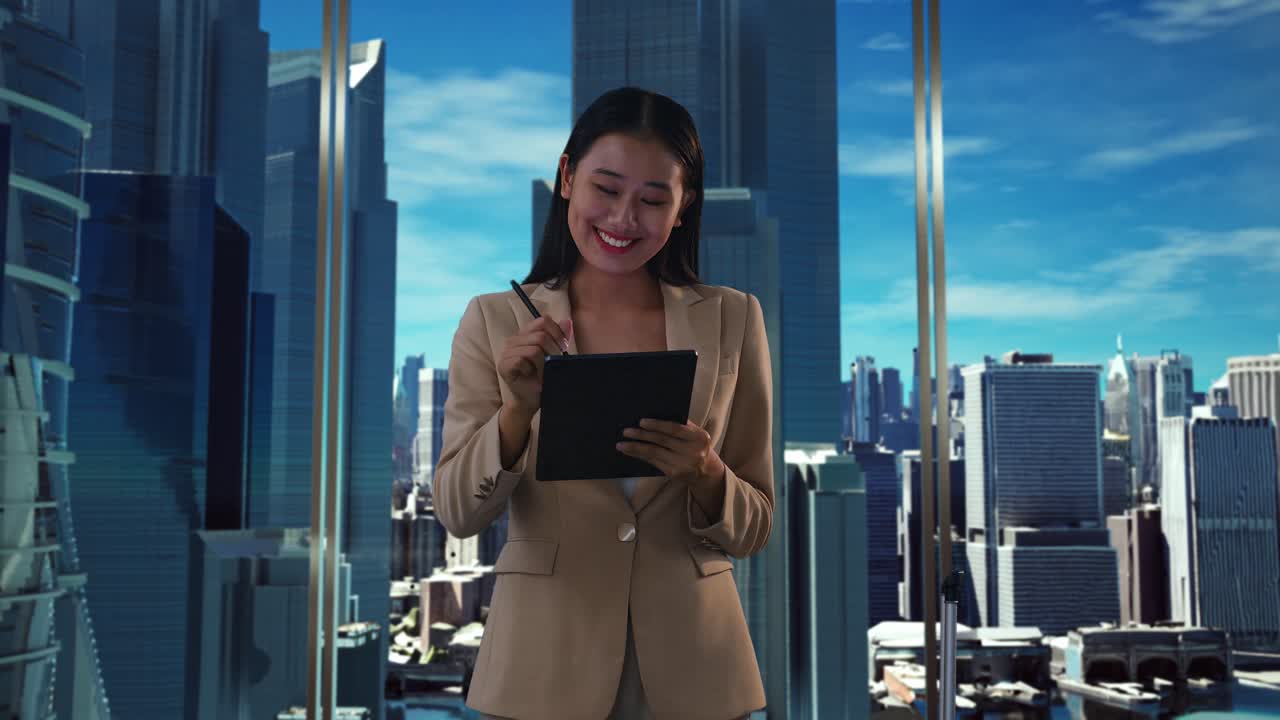 도시 풍경에서 태블릿에서 일하는 사업가