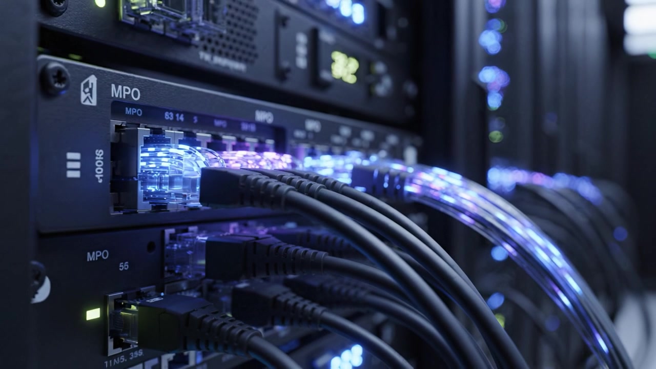 Connected Data Centers: Illuminated Fiber Optic Cables and Networking Hardware Showcasing Advanced Technology in Modern Information Infrastructure