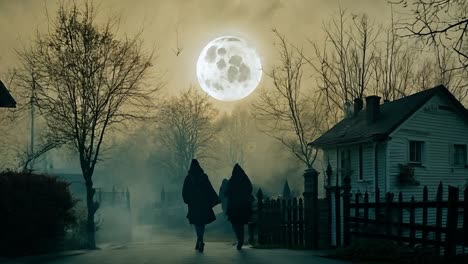 two figures in black robes walk through a foggy town at night