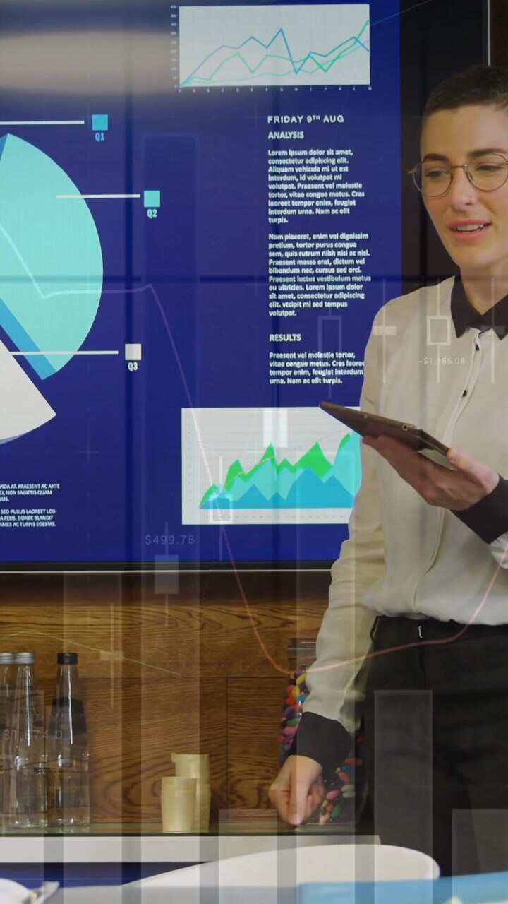 Discussing data, diverse professionals in business meeting with charts and graphs animation