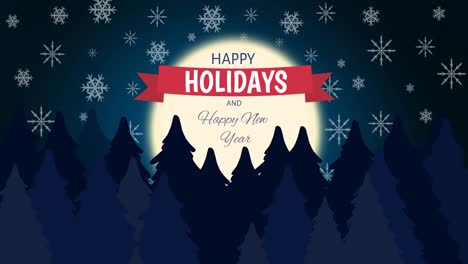 Animation-of-happy-holidays-and-happy-new-year-text,-christmas-greeting-over-winter-landscape