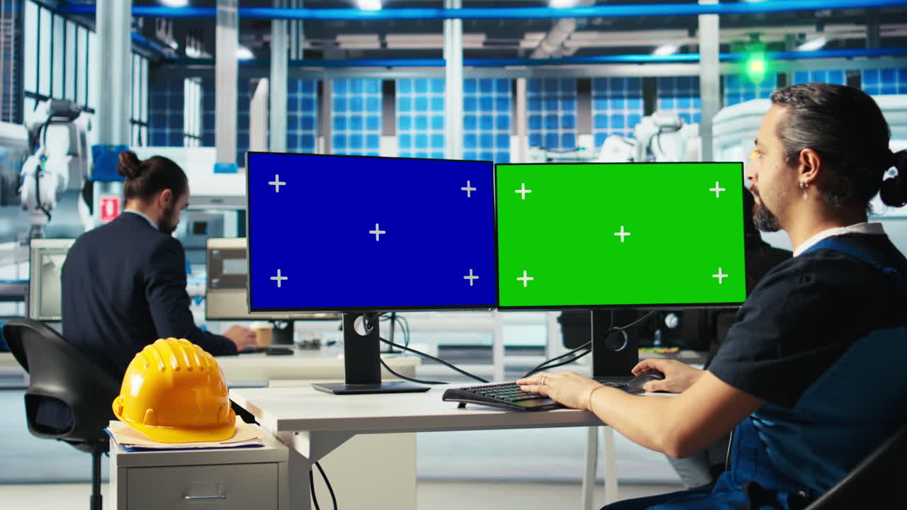 태양 전지 패널 공장 직원이 크로마 키 컴퓨터 모니터를 사용합니다.