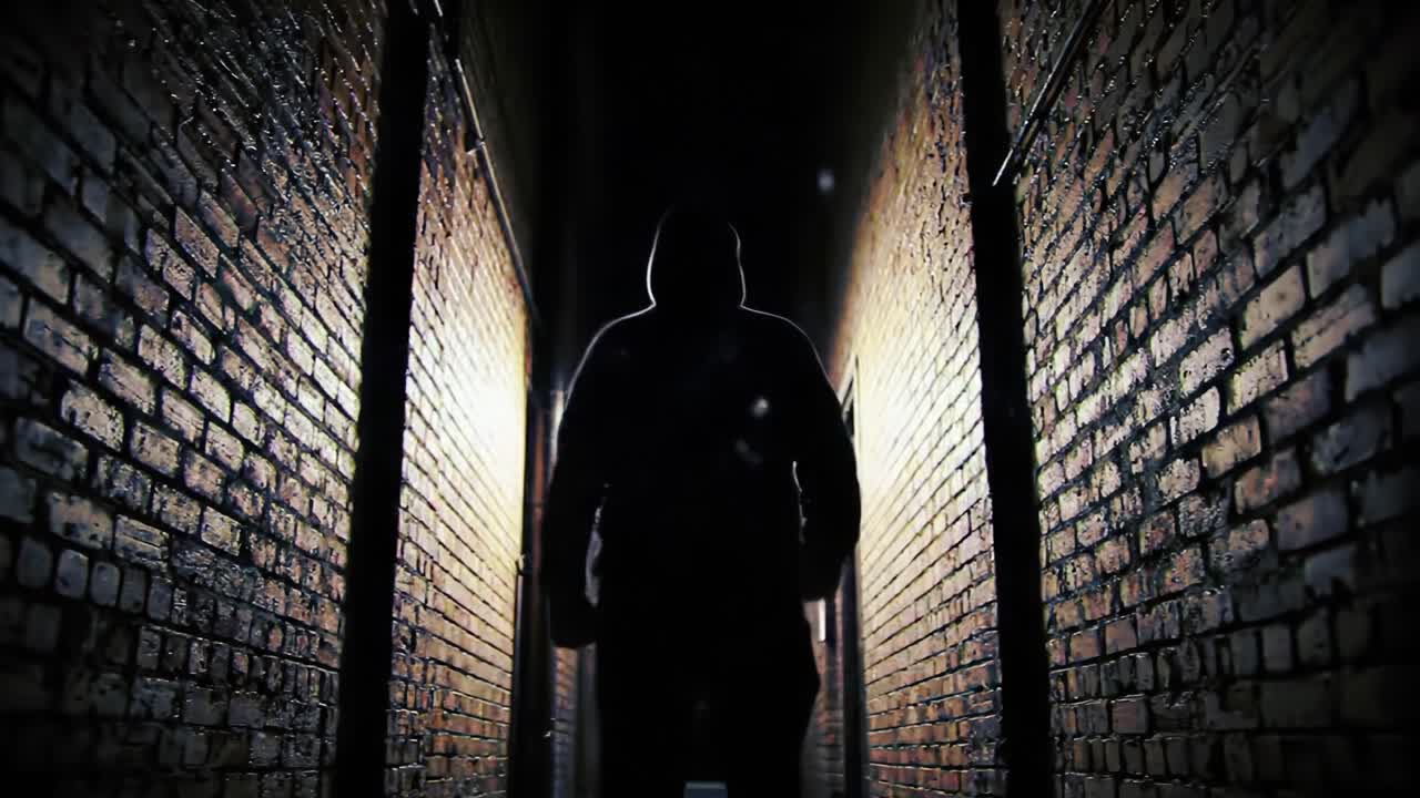 A Mysterious Figure Emerges from the Shadows in a Dark, Narrow Alleyway Surrounded by Weathered Brick Walls, Engulfed in a Suspenseful Atmosphere