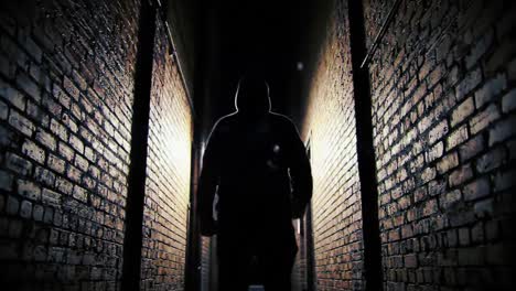 a mysterious figure emerges from the shadows in a dark, narrow alleyway surrounded by weathered brick walls, engulfed in a suspenseful atmosphere