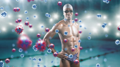 covid-19 cells floating against african american male swimmer against swimming pool