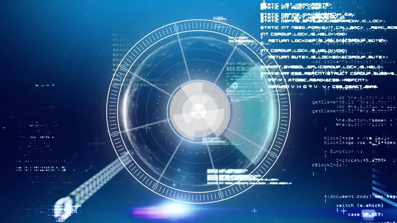 파란색 배경에 대한 둥근 스캐너와 데이터 처리의 디지털 애니메이션