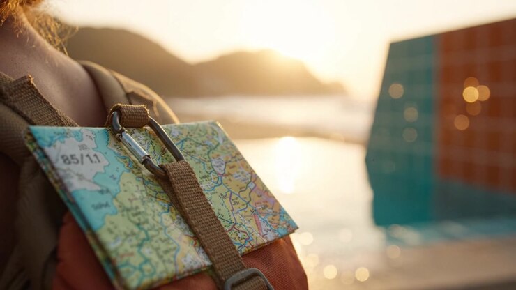 Rucksackreisender mit einer bunten Karte in der Hand, der einen ruhigen Sonnenuntergang am Wasser genießt und die Essenz von Abenteuer und Erkundung am Strand einfängt