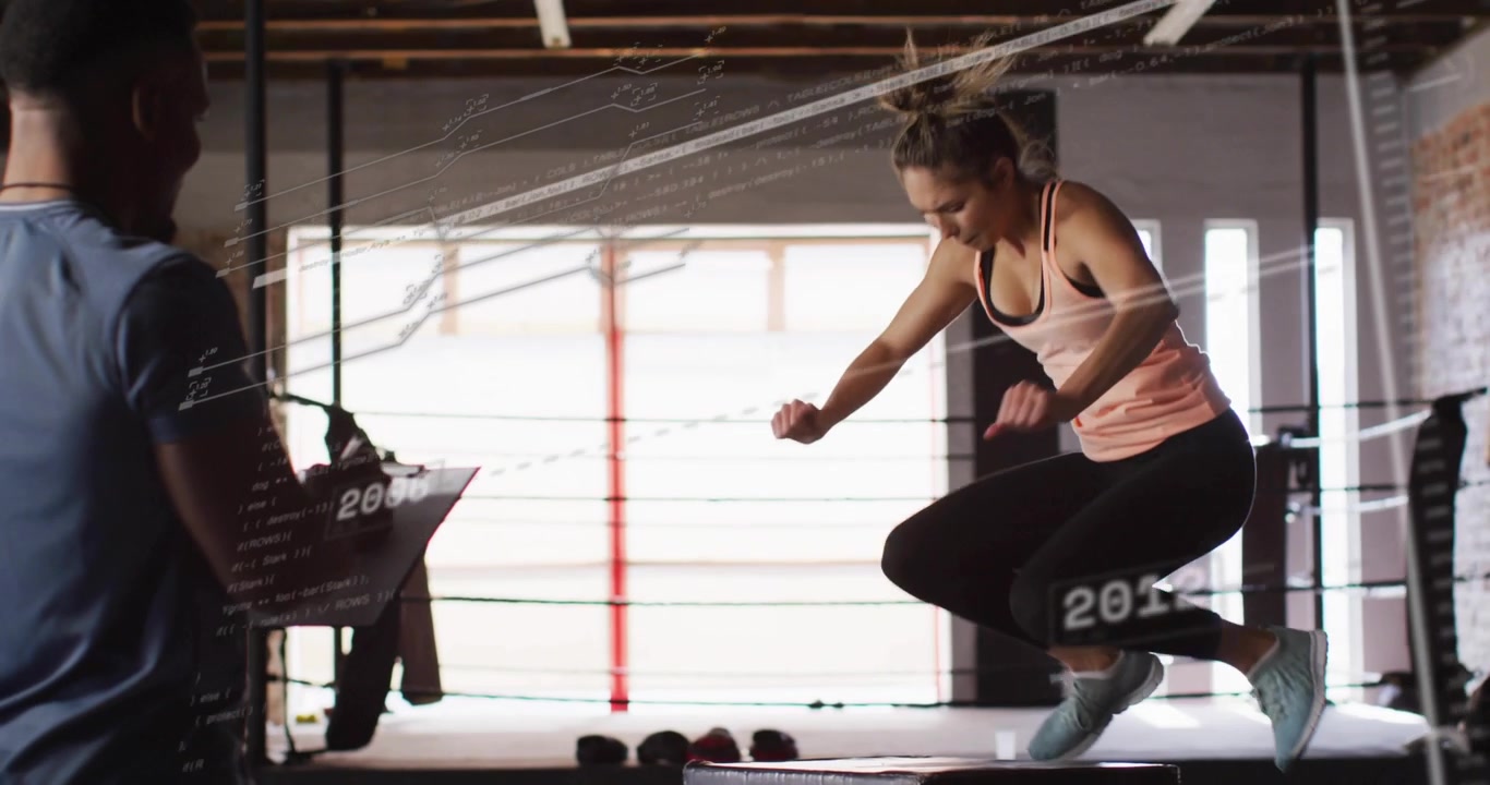 Woman adjusting wraps, stepping and jumping onto plyo box as timeline marking years, coach noting