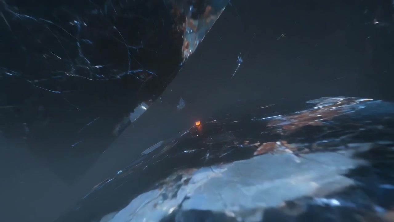Entering moving camera navigating dark crystalline shaft, seeking glowing orange cube on cracks