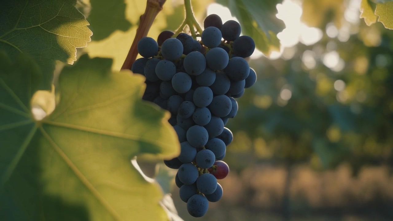 Primo piano di uva viola matura appesa alla vite in un vigneto