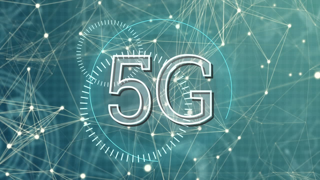 5g escrito en el medio de unos círculos futuristas y líneas asimétricas