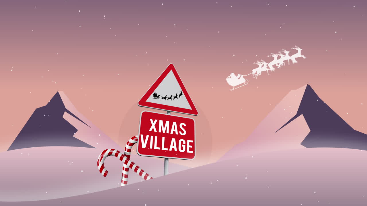 크리스마스 마을 텍스트와 겨울 풍경과 함께 도로 표지판 위에 떨어지는 눈의 애니메이션