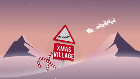 animation of snow falling over road sign with xmas village text and winter landscape