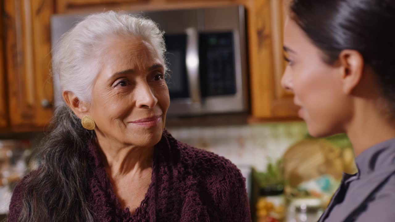 A Heartfelt Conversation Between Generations: An Elderly Woman Shares Wisdom and Love with Her Younger Companion in a Cozy, Warm Kitchen Environment Captured in Two Thoughtful Frames