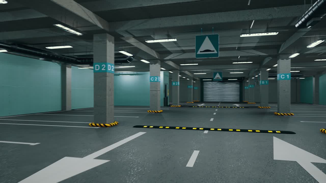 Underground parking without cars. Modern underground parking. Indoor full modern parking. Underground Parking Garage Scene
