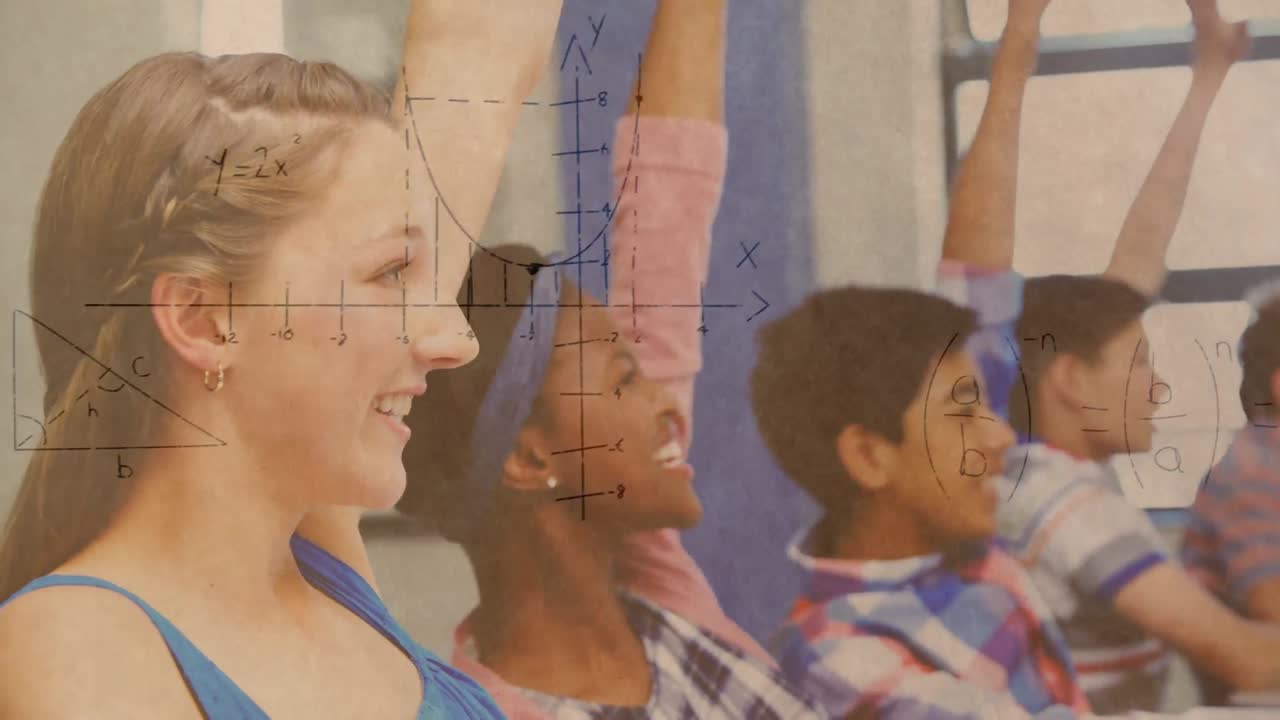 animación de gráficos matemáticos sobre una clase de estudiantes diversos en la escuela