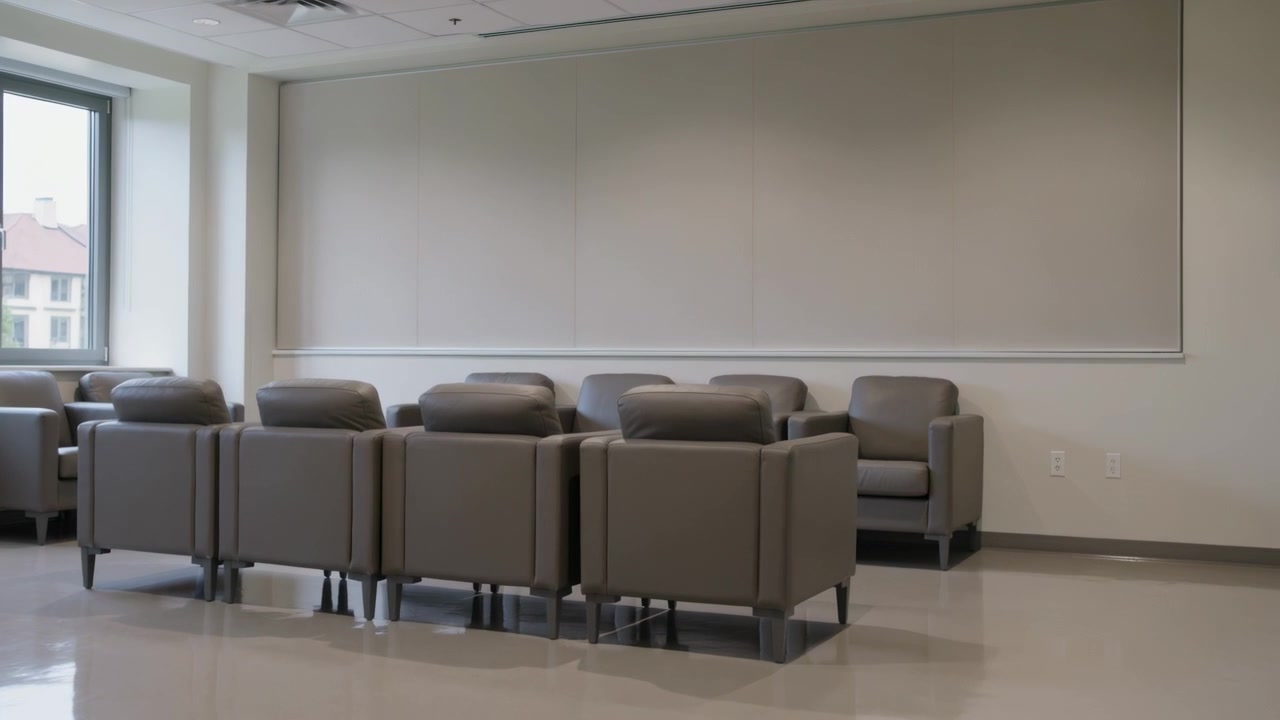 Cámara panorámica moviéndose hacia la sala de espera, revelando sillones grises, un panel de pared enmarcado y una vista por la ventana.
