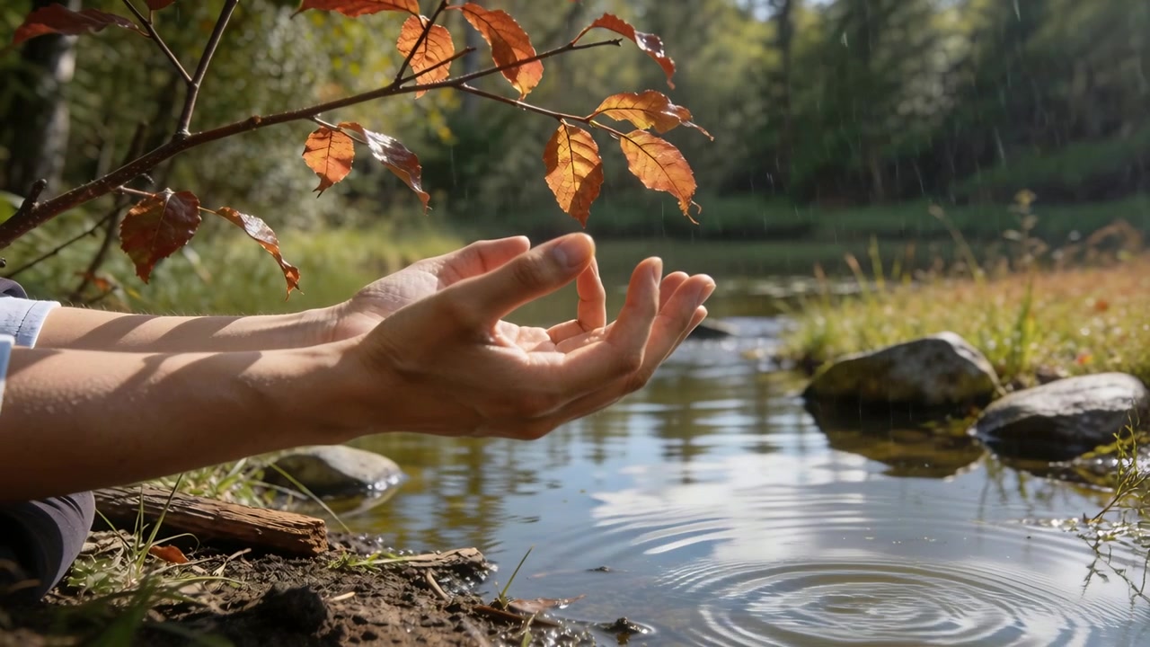 Gölet kenarında mudra pozisyonunda ellerini ve kollarını tutan, mavi gömlekli meditasyon yapan yetişkin, yapraklar damlayarak dalgalar oluşturuyor.