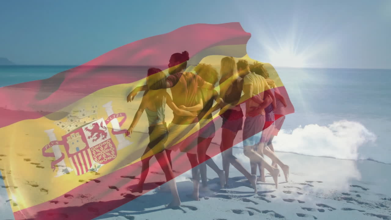At beach, group of friends relaxing with Spanish flag animation overlay