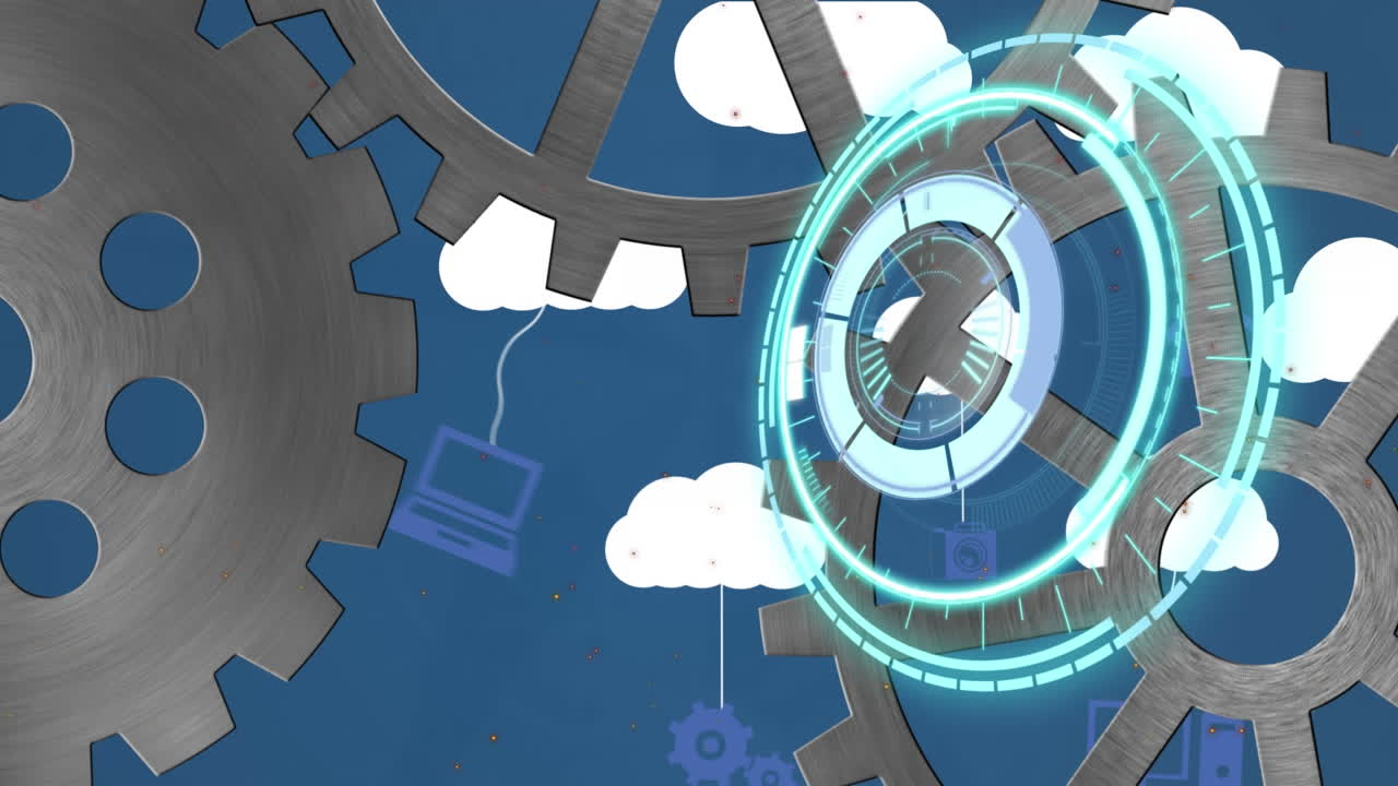 animación de escaneo de alcance y engranajes sobre nubes digitales con dispositivos electrónicos
