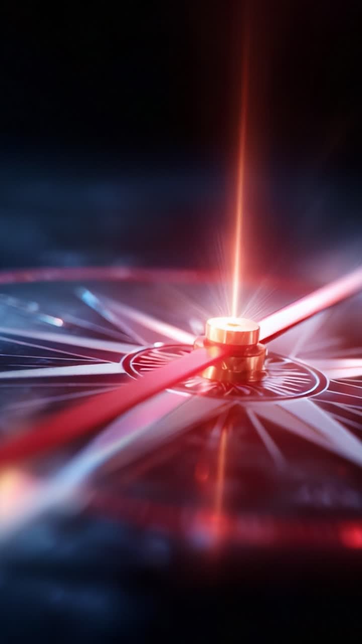 A Close-Up Exploration of a Laser-Emitting Compass, Showcasing the Intricate Details of Its Design and the Striking Red Beam Illuminating the Compass Rose Against a Dark Backdrop