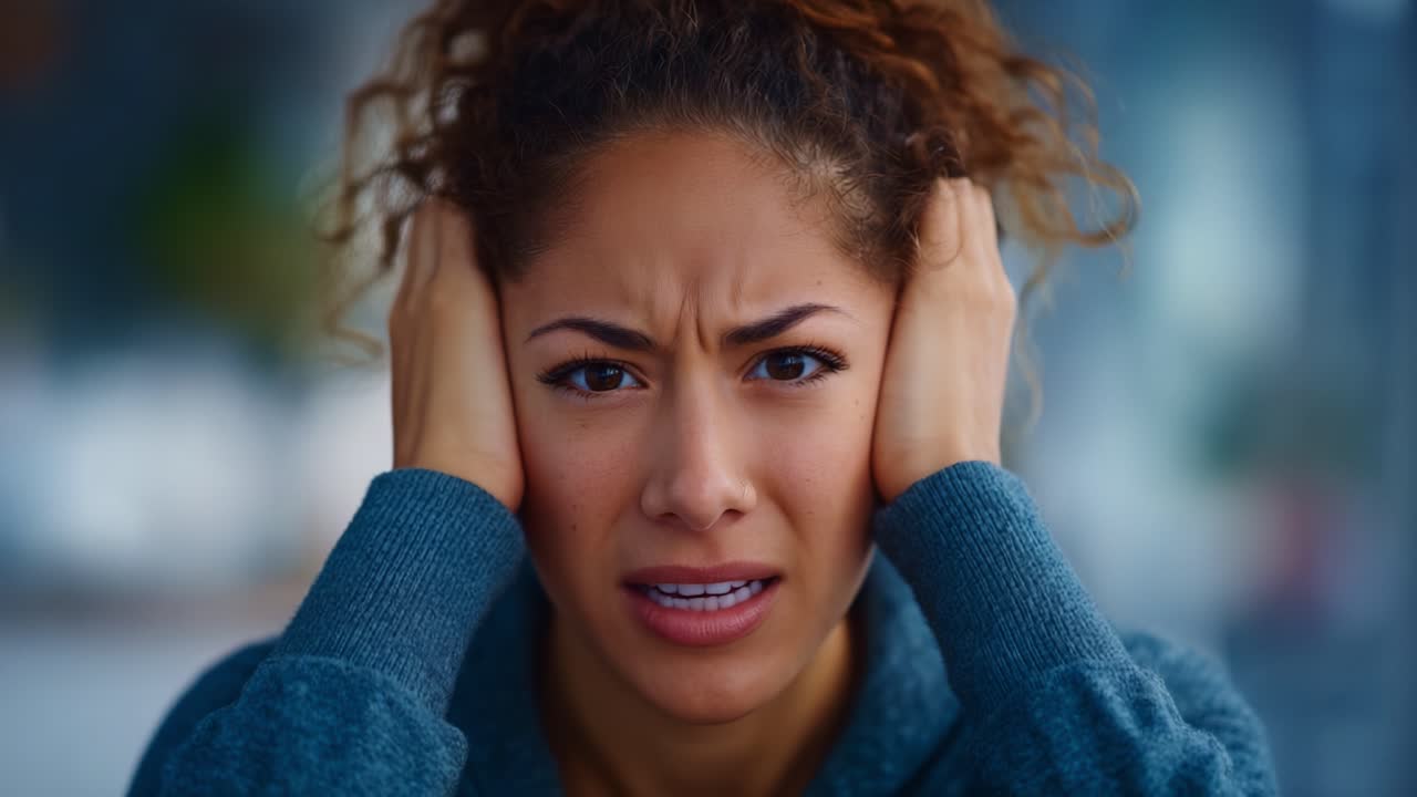 Close-up of a distressed woman with curly hair holding her head, depicting intense emotions of frustration or anxiety in a blurred background environment